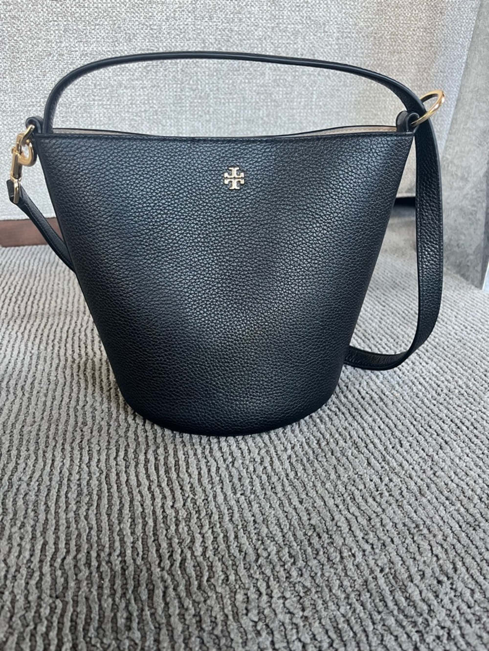 Tory Burch Blake Black Pebbled Leather Bucket Bag